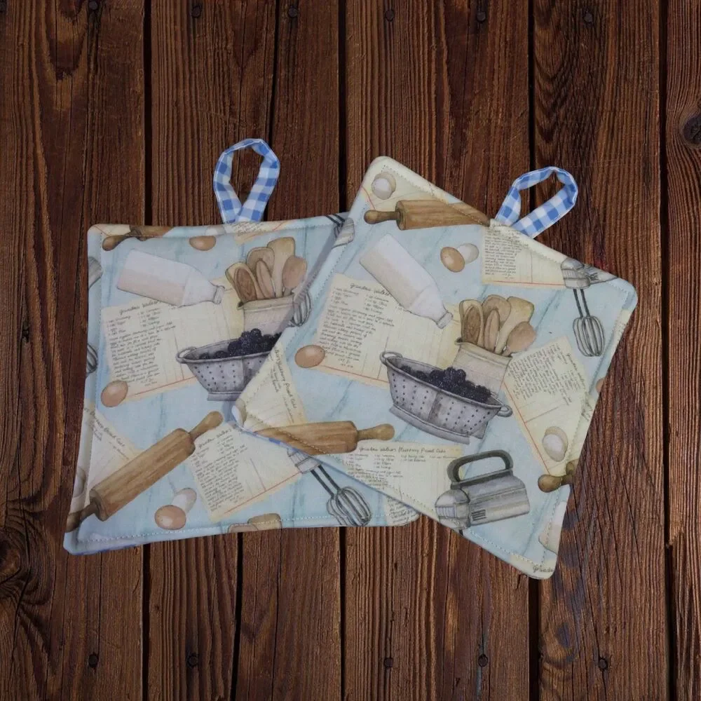 Handmade Potholder, Set of 2, Reversible Baking and Blue Gingham Hot Pads